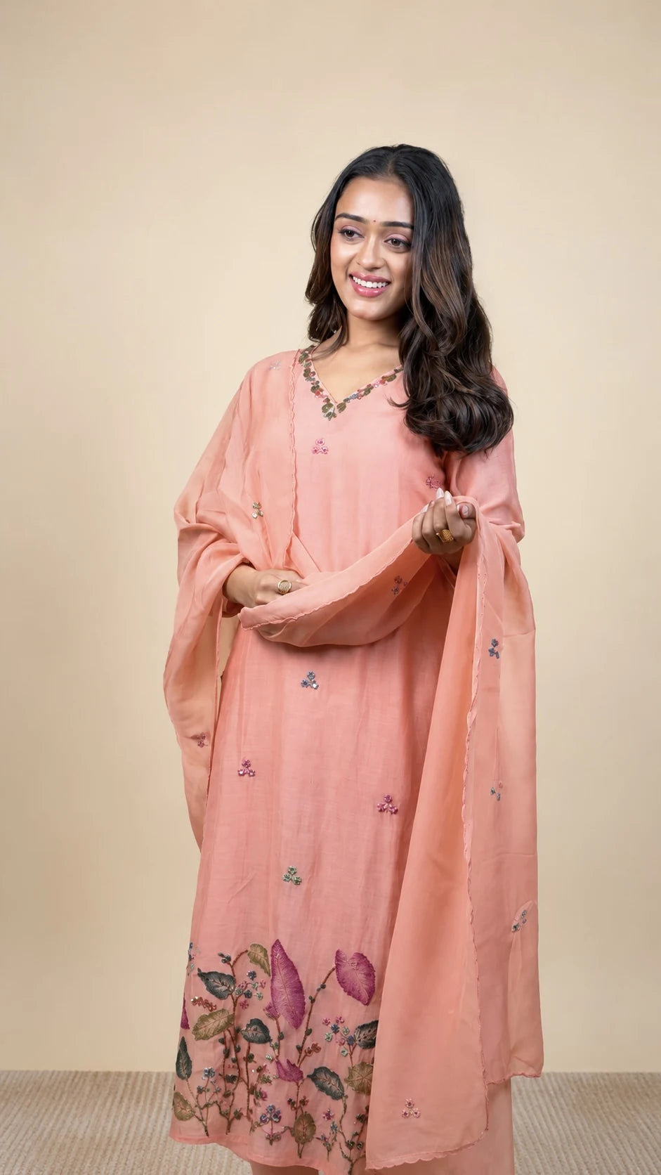 Madhavi – Peach Floral Embroidery Suit by Gold Lady - Detail View