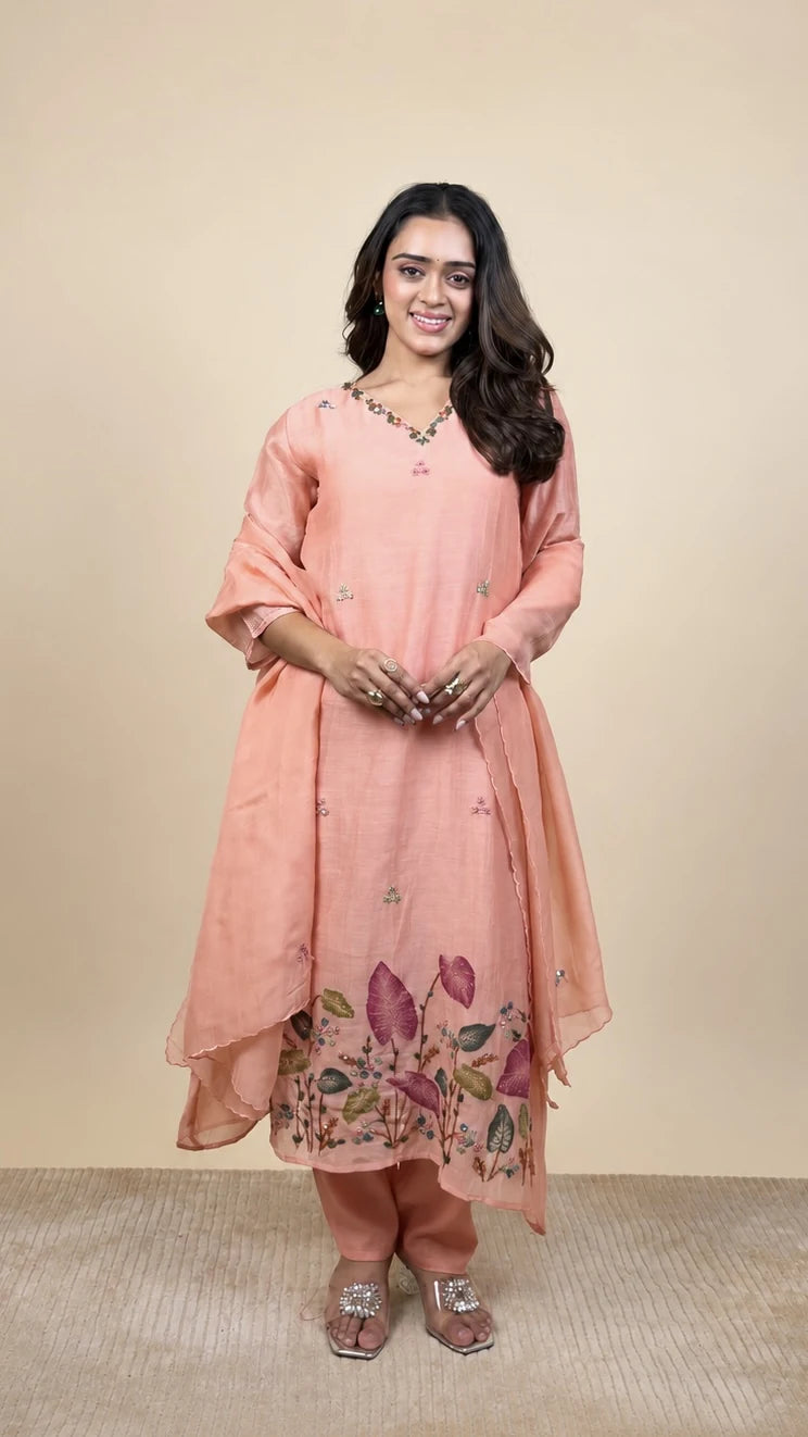 Madhavi – Peach Floral Embroidery Suit by Gold Lady - Front View