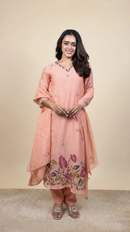 Madhavi – Peach Floral Embroidery Suit by Gold Lady - Front View