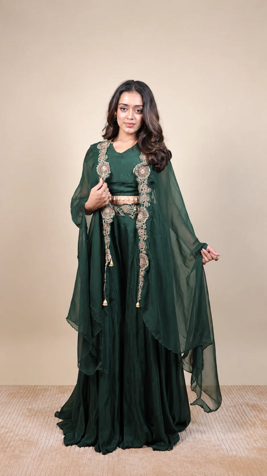Mehfil – Dark Green Embroidered Lehenga Set by Gold Lady - Front View