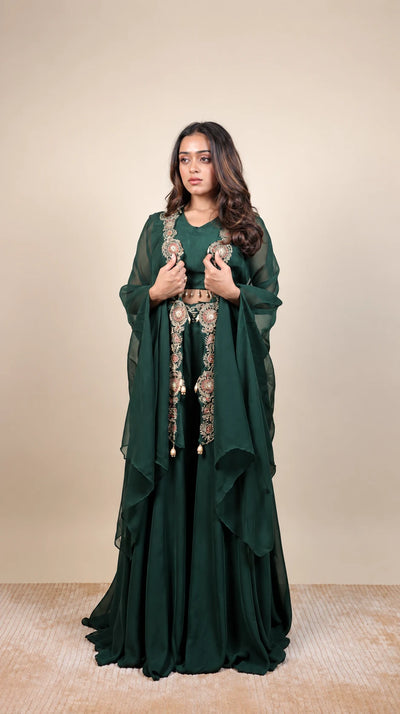 Mehfil – Dark Green Embroidered Lehenga Set by Gold Lady - Side View