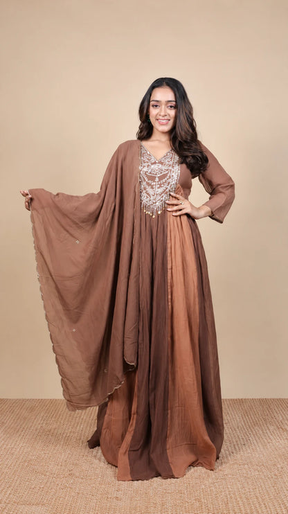 Mridula – Mocha Embroidered Anarkali Suit by Gold Lady - Side View