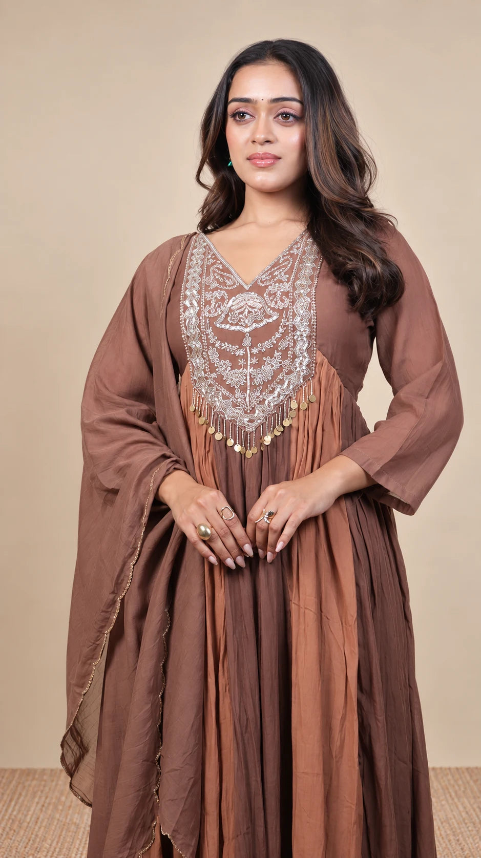 Mridula – Mocha Embroidered Anarkali Suit by Gold Lady - Front View