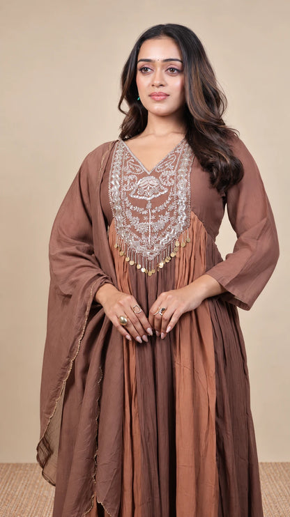 Mridula – Mocha Embroidered Anarkali Suit by Gold Lady - Front View