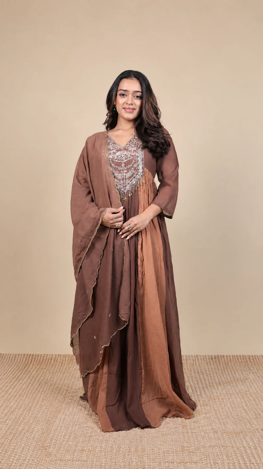 Mridula – Mocha Embroidered Anarkali Suit by Gold Lady - Detail View