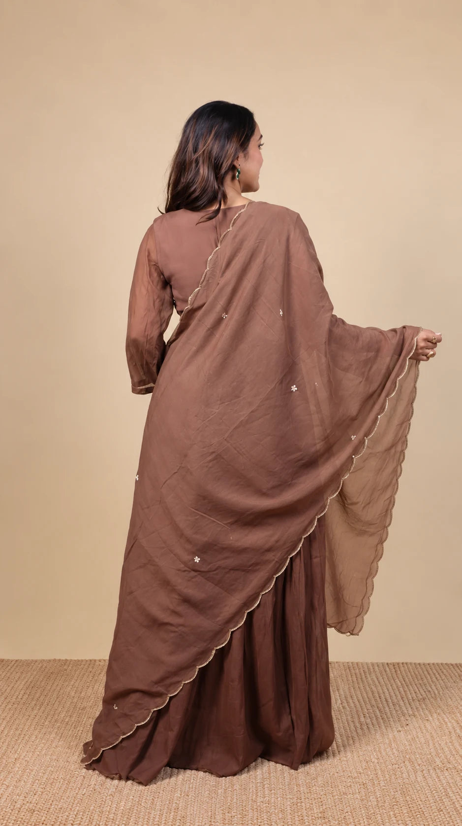 Mridula – Mocha Embroidered Anarkali Suit by Gold Lady - Back View