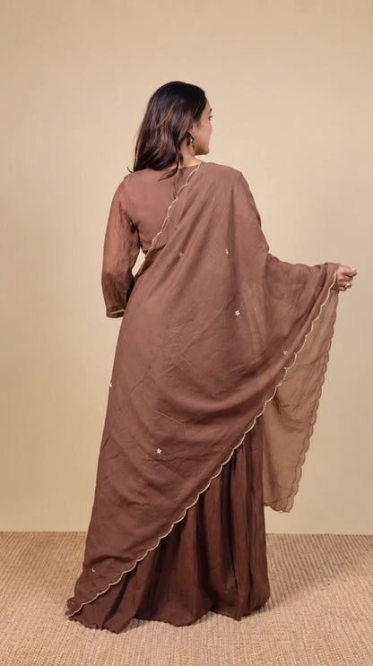 Mridula – Mocha Embroidered Anarkali Suit by Gold Lady - Back View