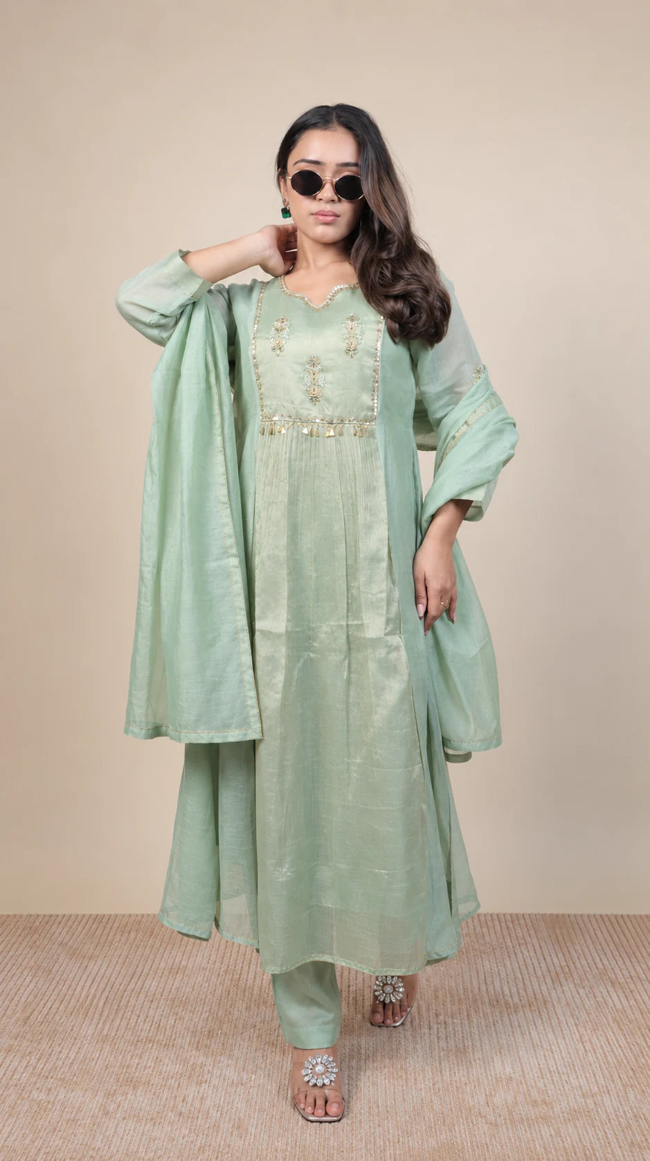 Mynaline – Mint Green Embroidered Kurta Set by Gold Lady - Side View