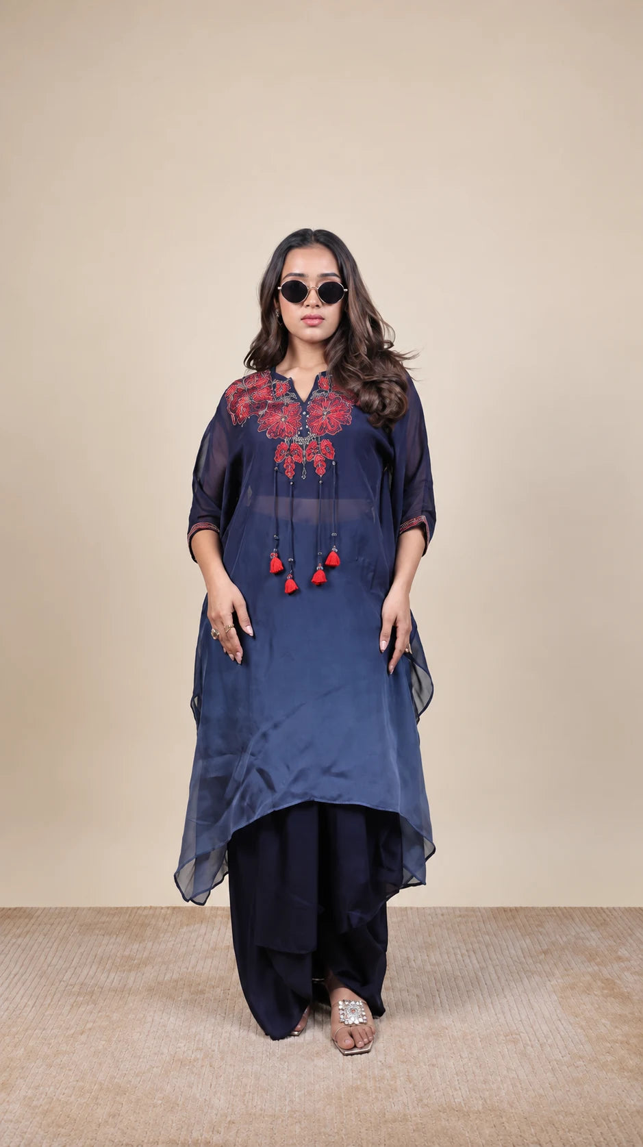 Neel Raat – Embroidered Navy Kurta Set by Gold Lady - Front View