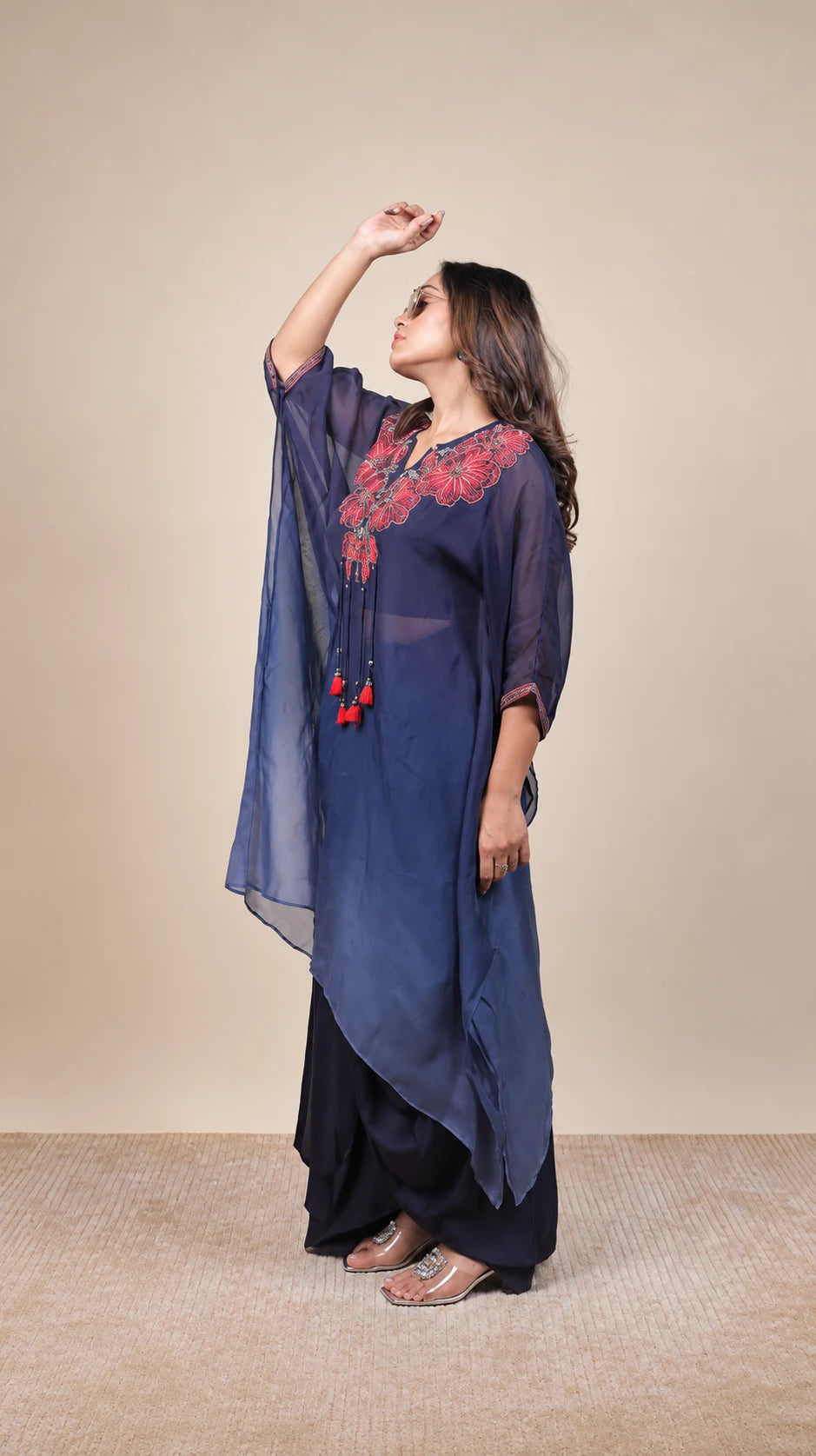 Neel Raat – Embroidered Navy Kurta Set by Gold Lady - Side View