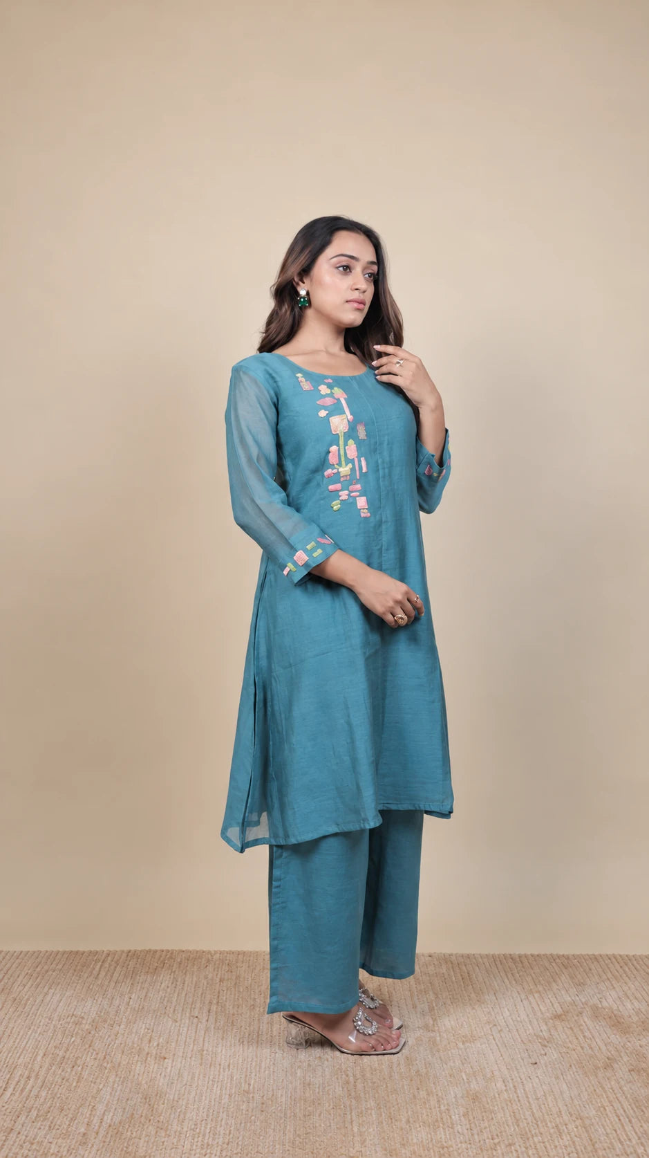 Neelanjali – Aqua Embroidered Suit by Gold Lady - Side View