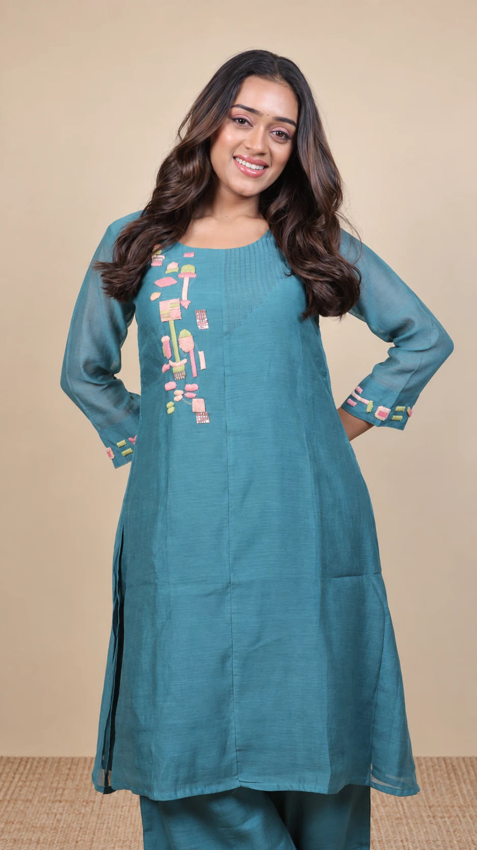 Neelanjali – Aqua Embroidered Suit by Gold Lady - Front View
