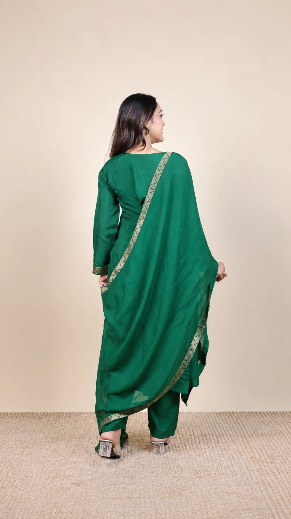 Panna Noor – Emerald Brocade Kurta Set by Gold Lady - Back View