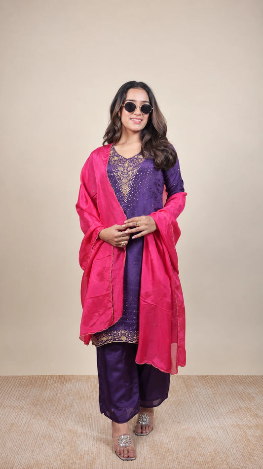 Purple Embroidered Kurta Set with Pink Dupatta by Gold Lady - Front View