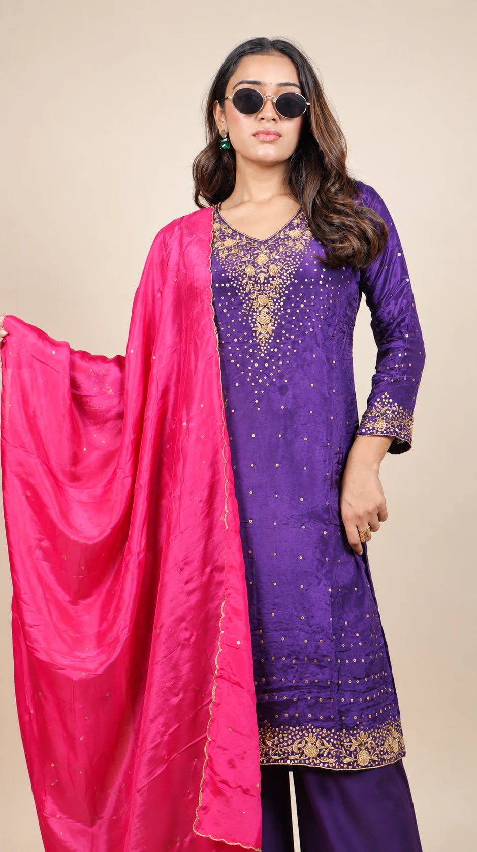 Purple Embroidered Kurta Set with Pink Dupatta by Gold Lady - Back View