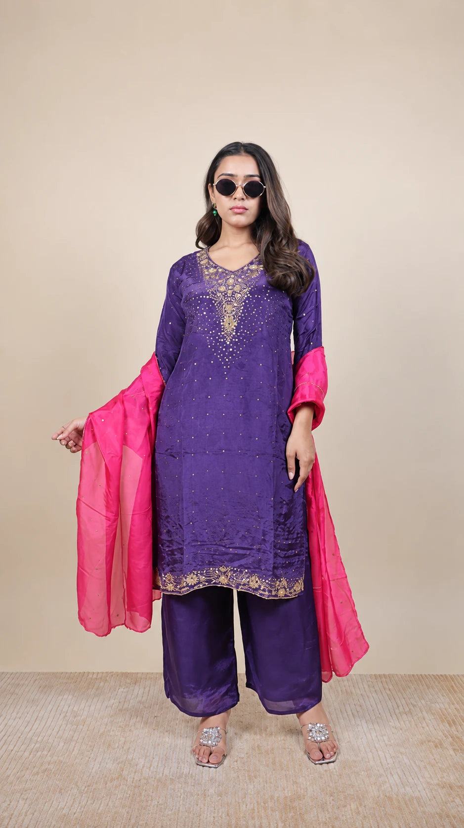 Purple Embroidered Kurta Set with Pink Dupatta by Gold Lady - Side View