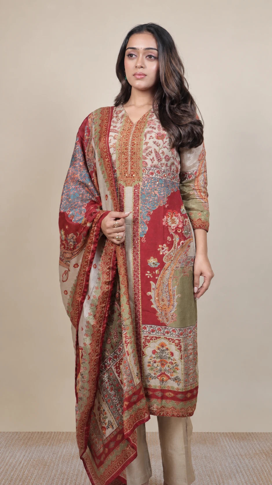 Rajvanshi – Kashmiri Printed Embroidered Suit by Gold Lady - Front View