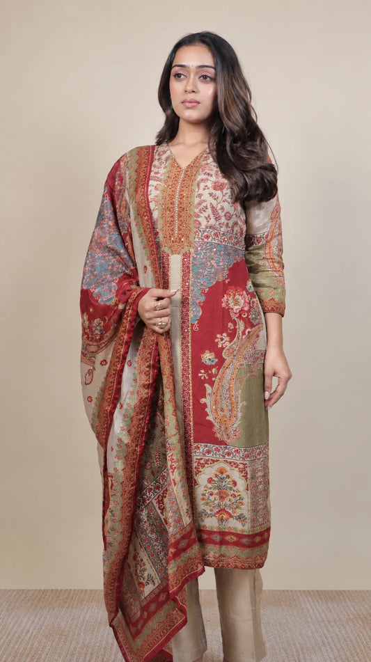 Rajvanshi – Kashmiri Printed Embroidered Suit by Gold Lady - Front View