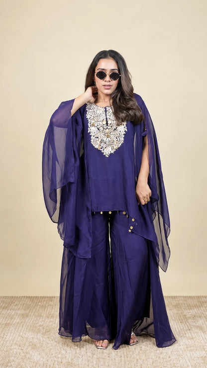 Rajvanshi – Navy Blue Embroidered Palazzo Suit by Gold Lady - Front View