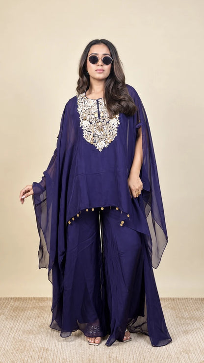 Rajvanshi – Navy Blue Embroidered Palazzo Suit by Gold Lady - Back View