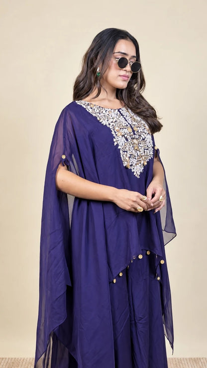 Rajvanshi – Navy Blue Embroidered Palazzo Suit by Gold Lady - Detail View