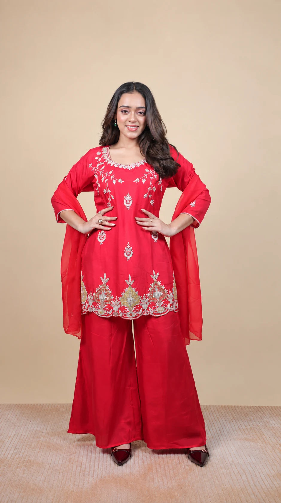 Rangrez – Red Embroidered Kurta Set by Gold Lady - Front View
