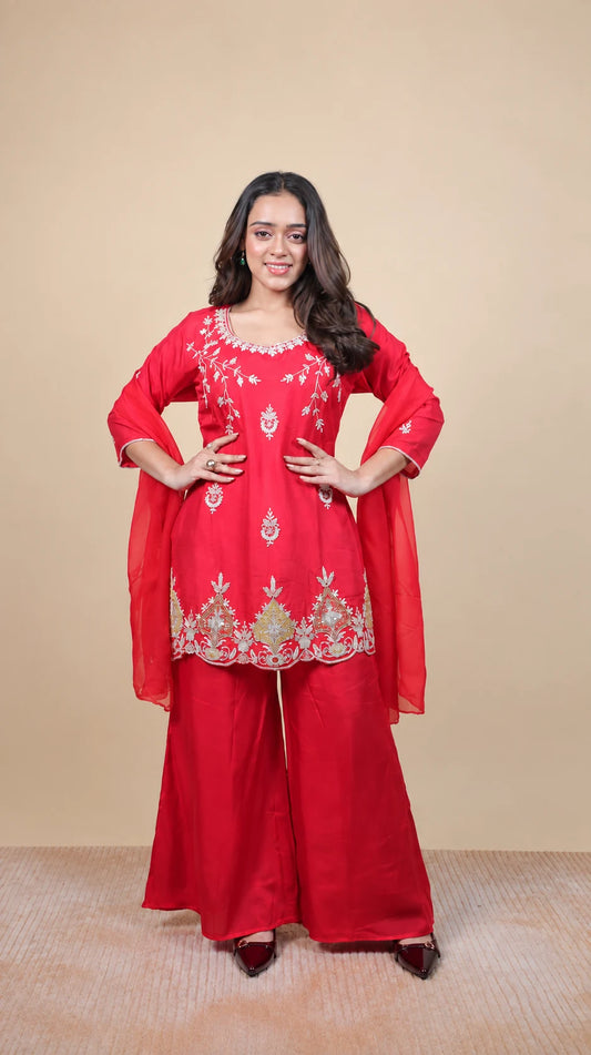 Rangrez – Red Embroidered Kurta Set by Gold Lady - Front View