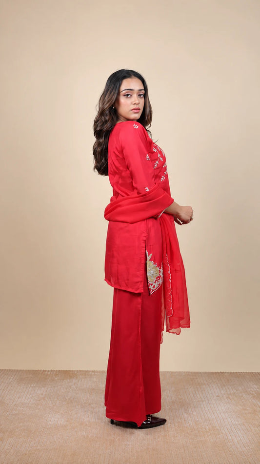 Rangrez – Red Embroidered Kurta Set by Gold Lady - Side View