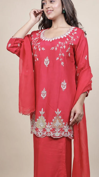 Rangrez – Red Embroidered Kurta Set by Gold Lady - Detail View