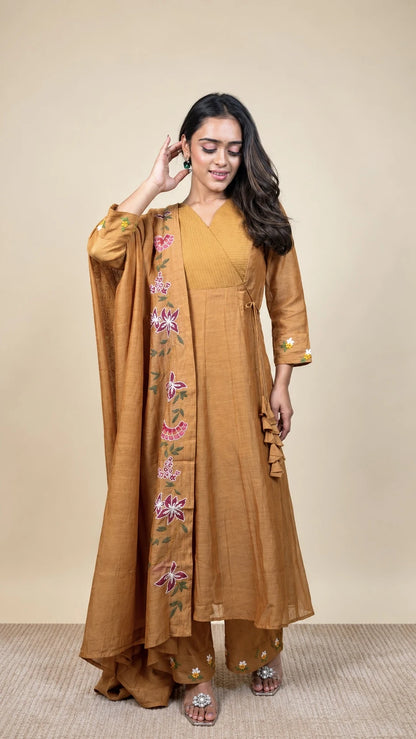 Vasudha – Mustard Floral Embroidered Silk Suit by Gold Lady - Front View