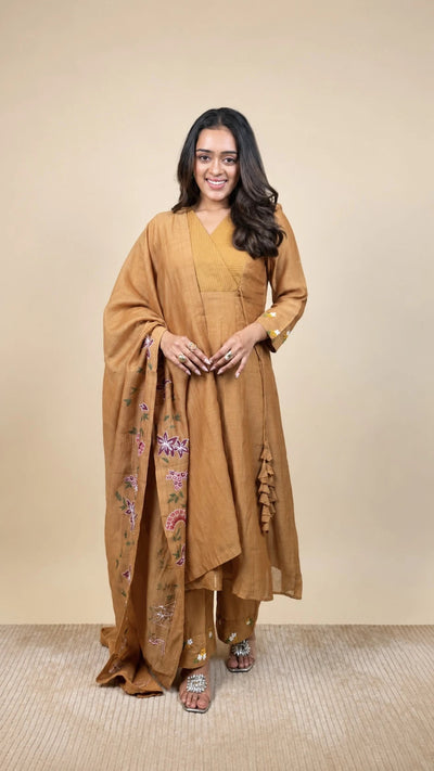 Vasudha – Mustard Floral Embroidered Silk Suit by Gold Lady - Detail View